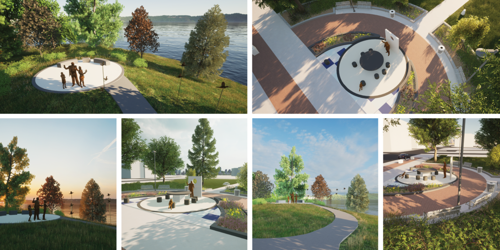 Collage of renderings, three from each site, showing the plantings and hardscaping planned for around the monuments.