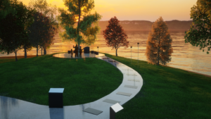Artist's rendering of three bronze statues in front of the St. Joseph River at sunset.