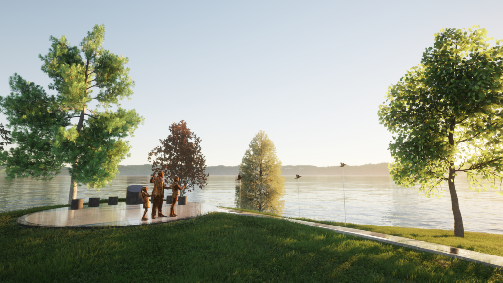 Artist's rendering of three bronze statues in front of the St. Joseph River.